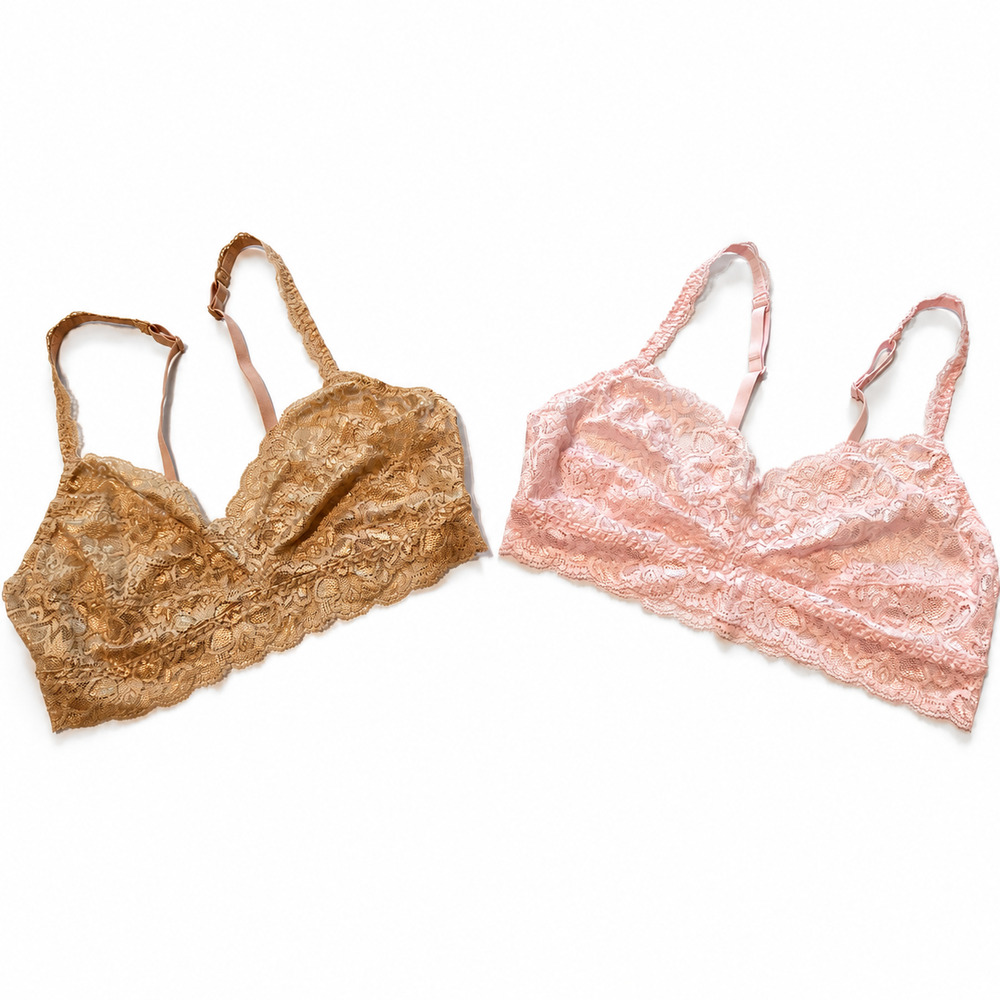 Quince Lace Bralette Womens Medium Pink Brown 2 Pack Scalloped Semi Sheer NWOT